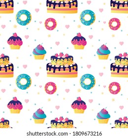 Seamless pattern with different sweets. Cakes and cupcakes decorated with berry and cream. Donut with glaze and colorful sprinkles. Various confectionary on white background. Flat vector illustration