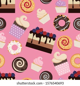 seamless pattern of different sweets, donuts, cake, cakes. flat pattern, a variety of dessert on a pink background. vector illustration. EPS 10.