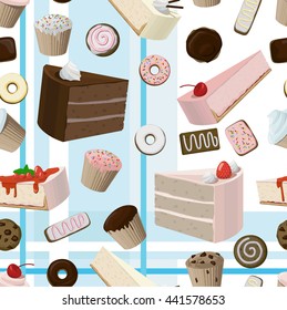 Seamless pattern with different sweets. Pieces of cake, cheesecake, cupcake, cookies.
