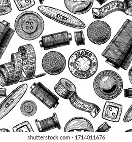 Seamless pattern with different tailors objects. Vector illustration in vintage engraved style.