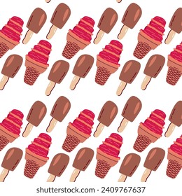 seamless pattern with different tasty ice cream. Vector illustration with chocolate and red berry ice cream seamless background. 