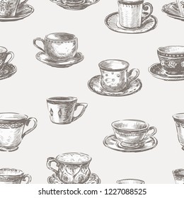 Seamless pattern of different teacups 