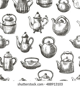 Seamless pattern with different teapots. Hand drawn vector illustration. Can be used for paper, fabric, menu, bar. restaurant, scrapbooking and other design.