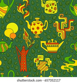Seamless pattern with different teapots and smoke and leaves.