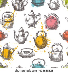 Seamless pattern with different teapots and watercolor splashes. Hand drawn vector illustration. Can be used for paper, fabric, menu, bar. restaurant, scrapbooking and other design.