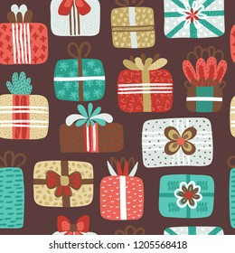 Seamless pattern with different textured gift boxes. Hand drawn elements. Background with holiday design. Doodle. Wallpaper, textiles, wrapping, card, print on clothes. Vector eps10