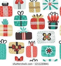 Seamless pattern with different textured gift boxes. Hand drawn elements. Background with holiday design. Freehand style. Doodle. Wallpaper, textiles, wrapping, card, print on clothes. Vector eps10