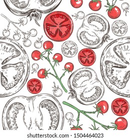 Seamless pattern with different tomatoes. Cherry Tomatoes and Tomato Slices. Vintage graphics. Vegetarian menu.