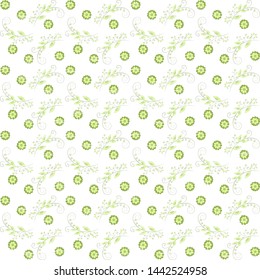 Seamless pattern with different tons of green flowers and beautiful curled twigs are scattered on a white background, textured. Spring fabric design. Retro background or pattern.

