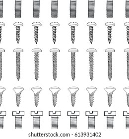 Seamless pattern with different tools. Different fastener on white background. Hand drawn vector illustration of a sketch style.