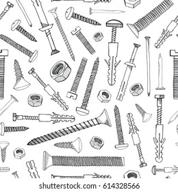 Seamless pattern with different tools. Different fastener on white background. Hand drawn vector illustration of a sketch style.