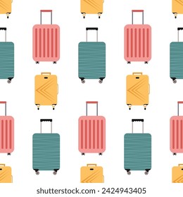 Seamless pattern with different travel cartoon plastic suitcases on wheels. Background with travel bag, case, trunk, valise.