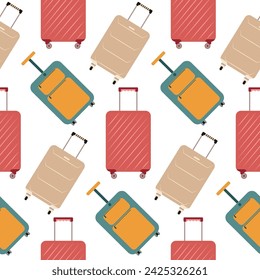 Seamless pattern with different travel cartoon plastic suitcases on wheels. Background with travel bag, case, trunk, valise.