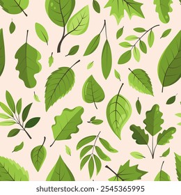 Patrón sin fisuras con diferentes hojas de árbol. Fondo sin fin de follaje verde exuberante para textiles, cubierta de cuadernos, scrapbooking, diseño ecológico