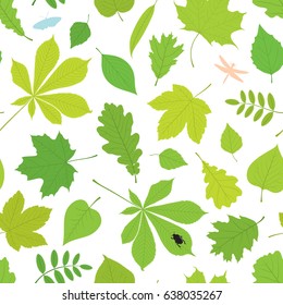 Seamless pattern of different tree leaves - oak, chestnut, birch, Rowan, linden, jasmine, lilac, maple, willow, poplar, sycamore and insects - butterfly, sugarcane beetle, dragonfly.