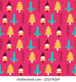 Seamless pattern with different trees drawing in cartoon style. Cute wood trees background for your design.