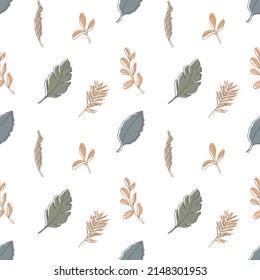 Seamless pattern with different tropic leaves on white background. Modern Scandinavian style illustration, perfect for greeting cards, wall art, wrapping paper, etc.