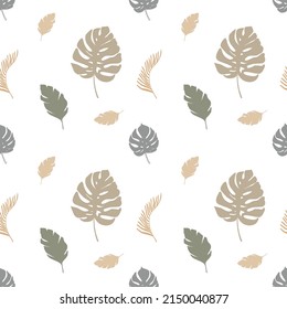 Seamless pattern with different tropic leaves on white background. Modern Scandinavian style illustration, perfect for greeting cards, wall art, wrapping paper, etc.