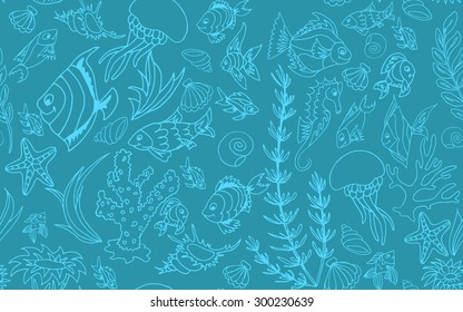 Seamless pattern with different tropical fish and coral . Vector illustration.