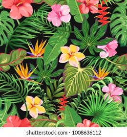 A seamless pattern with different tropical flowers and leaves. Exotic palms and flowers