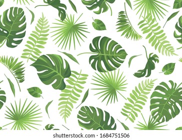 Seamless pattern with different tropical green leaves. Vector illustration.	