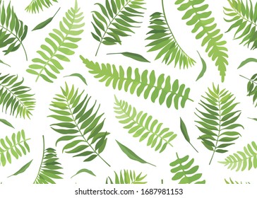Seamless pattern with different tropical green leaves. Vector illustration.