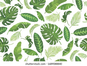 Seamless pattern with different tropical green leaves. Vector illustration.