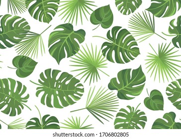 Seamless pattern with different tropical green leaves. Vector illustration.