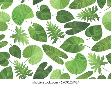 Seamless pattern with different tropical green leaves. Vector illustration.