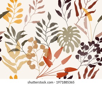 Seamless pattern with different tropical leaves. Trendy floral illustration 