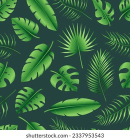 Seamless pattern of different tropical palm leaves, jungle Monstera, banana leaves. Exotic collection of green plant. Botanical vector illustration for greeting card, wallpaper, wrapping paper, fabric