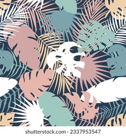 Seamless pattern of different tropical palm leaves, jungle Monstera, banana leaves. Exotic boho collection of plant. Botanical vector illustration for greeting card, wallpaper, wrapping paper, fabric