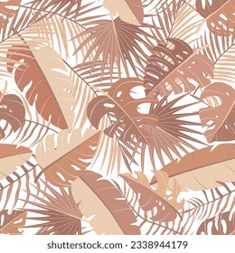 Nahtlose Muster verschiedener tropischer Palmenblätter, Dschungel Monstera, Bananenblätter. Exotische Boho-Sammlung von Pflanzen. Botanische Vektorgrafik für Grußkarten, Tapeten, Packpapier, Stoff