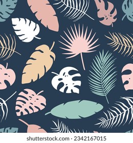 Patrón sin foco de diferentes hojas tropicales de palma, jungla Monstera, hojas de plátano. Colección exótica de silueta. Ilustración vectorial botánica para tarjeta de felicitación, papel de envoltura, tela