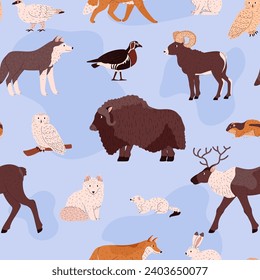 Seamless pattern with different tundra animals flat style, vector illustration on blue background. Decorative design for wrapping and packaging, nature and wildlife, wolf, reindeer and fox