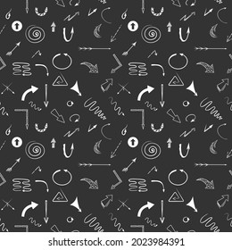 Seamless pattern with different types of arrows. Abstract direction ornament on dark grey background.