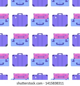Seamless pattern of different types of baggage, luggage, suitcase on white background. Flat style vector illustration. Set of tourism and traveling icons with voyage packing and handbag