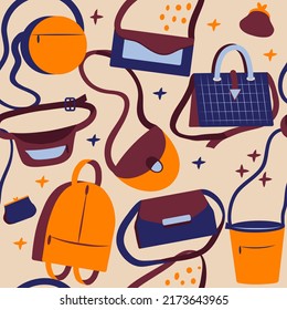 Seamless pattern with different types of bags. Design for wrapping paper or textile.  Colorful  vector illustration in flat style. 