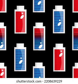 Seamless pattern with different types of batteries. A set of batteries with red, blue and a transition from red to blue filler. Low charge, high charge, boost charge.