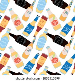 Seamless pattern with different types of beer in glass bottles. Endless vector ornament on a white background.