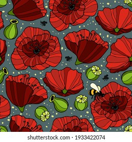 Seamless pattern of different types of blooming red poppies. Hand-drawn graphics. Summer floral printable theme. Vector.