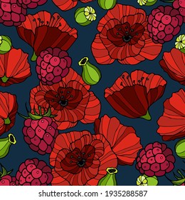 Seamless pattern from different types of blooming red poppies and ripe raspberries. Hand-drawn graphics. Mixed summer theme of flowers and berries for printing.