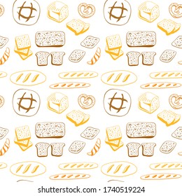 Seamless pattern with different types of bread and pastry. Colorful line sketch collection of bread isolated on white background. Doodle hand drawn bread icons. Vector illustration