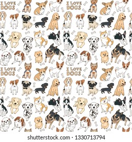 Seamless pattern of different types of breeds drawn dogs illustration vector with the inscription I love dogs and bones on a white background