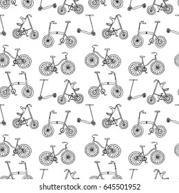 Seamless pattern of different types bycycles and kick scooter. Hand drawn illustration. Vector.
