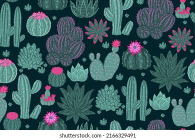 Seamless pattern with different types of cacti. Vector graphics.