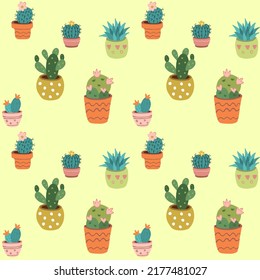 Seamless pattern with different types of cacti in pots. Colorful botanical background with succulents. Vector illustration in doodle style.