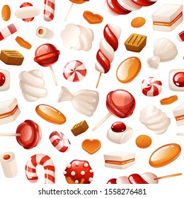 Seamless pattern with different types of candies - lollipops, caramels,marshmallows and others. Vector illustration on white background in cartoon style