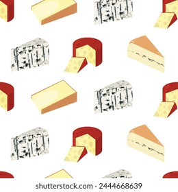 Seamless pattern with different types of cheese. Cheddar, brie, roquefort, gouda, comte, morbier. Delicious cheeses. Flat vector illustration in flat style isolated on background.
