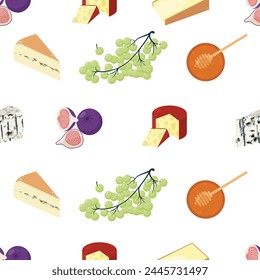 Seamless pattern with different types of cheese. Cheddar, brie, roquefort, gouda, comte, morbier. Delicious cheeses. Flat vector illustration in flat style isolated on background.